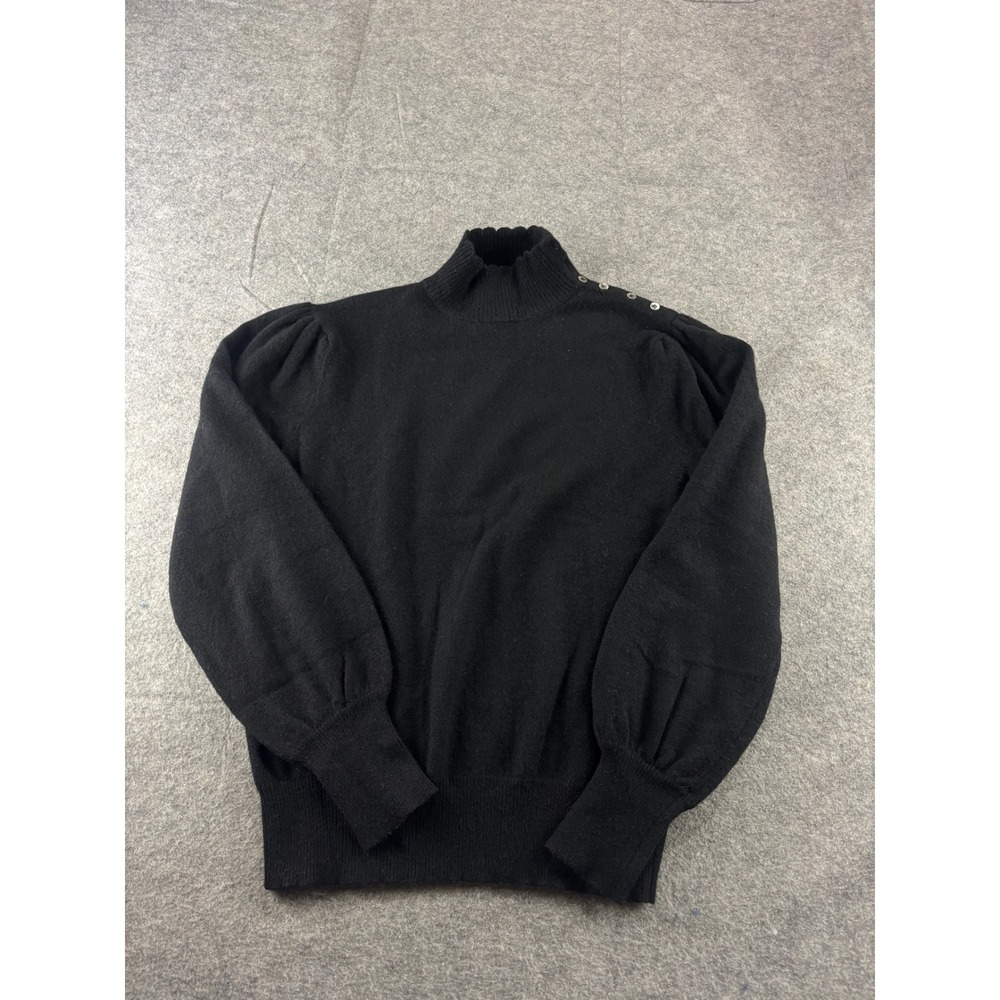Belford Black 100% Cashmere Mock Neck Puff Sleeve Button Shoulder Sweater M